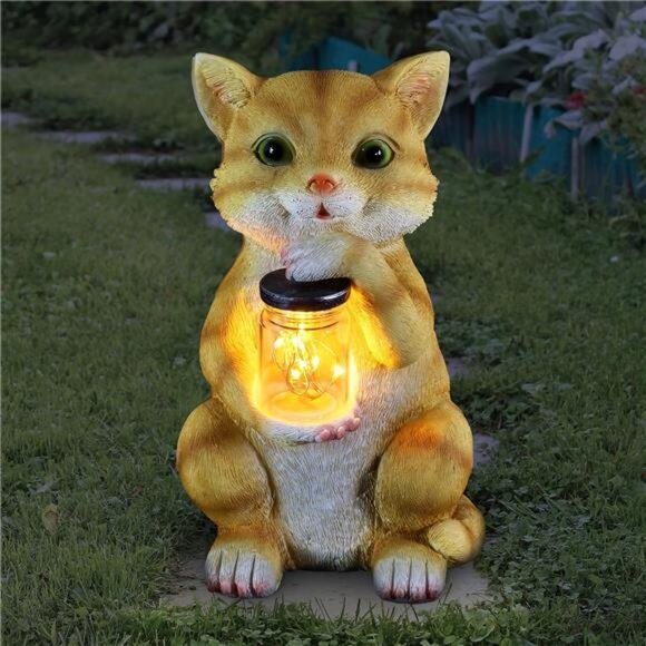 Garden Sculpture, Cat Solar Garden Statue with Jar of 8 LED Firefly Lights - Picture 2 of 4